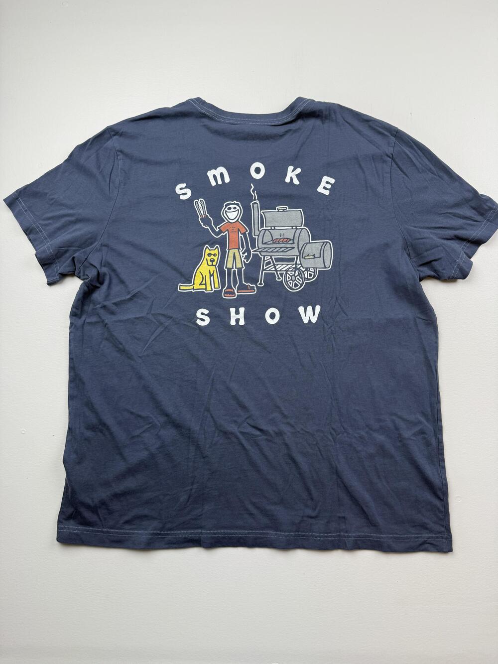 Life Is Good Shirt Mens XL Blue Smoke Show Grill Graphic Tee BBQ Crusher-Lite